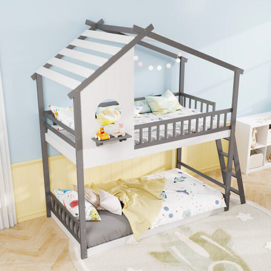 Twin over Twin House Bunk Bed with Roof and Guardrails for Kids-White & Gray B593-HU10999+
