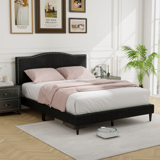 Queen Size Upholstered Bed Frame with Nailhead Trim Headboard-Queen Size B593-HU10712BK