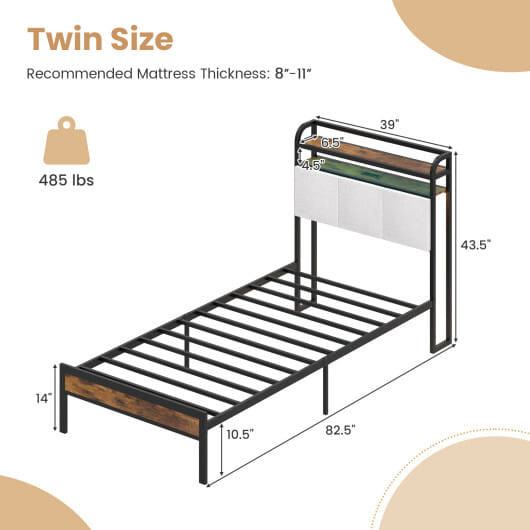 Twin/Full/Queen/King Size Bed Frame with LED Light and Charging Station-Twin Size - Color: Gray - S D681-HU10816GR-T