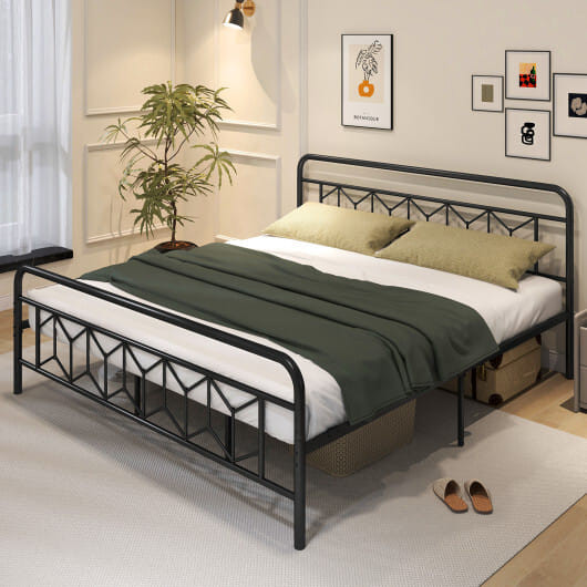 Platform Bed with High Headboard and Snap Lock Metal Slats-King Size - Color: Black - Size: King Si D681-HU10839DK-K