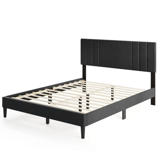Full/Queen/Twin Size Bed Frame with Vertical Channel Tufted Headboard and Wooden Slats-Queen Size - D681-HU10904GR-Q