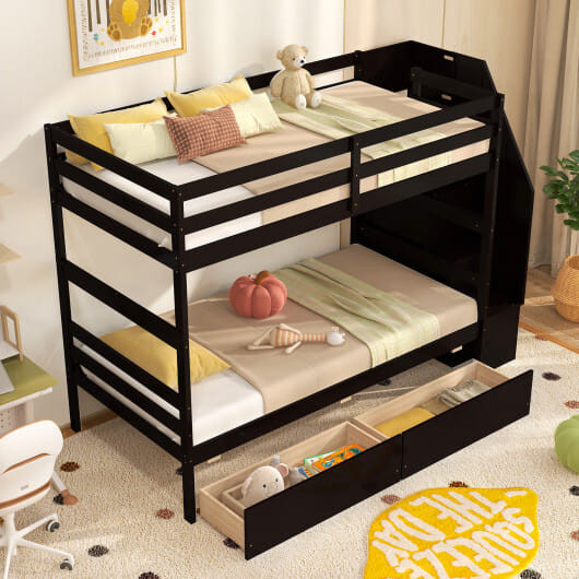 Twin Over Twin Bunk Bed with Storage Stairs and Drawers-Coffee - Color: Coffee D681-HU10963CF+
