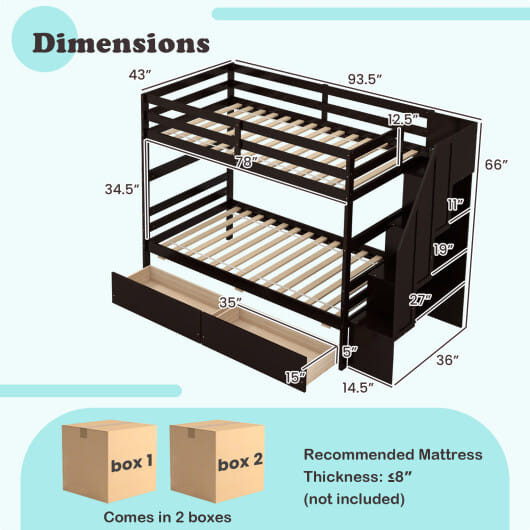 Twin Over Twin Bunk Bed with Storage Stairs and Drawers-Coffee - Color: Coffee D681-HU10963CF+