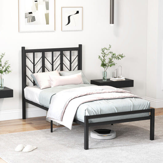 Twin Size Platform Bed with Headboard and Metal Frame-Twin Size - Color: Black - Size: Twin Size D681-HU10759DK-T