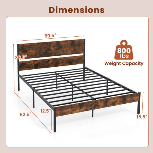 Twin/Full/Queen/King Metal Bed Frame with Wooden Headboard and Footboard-Queen Size - Color: Rustic D681-HU10790CF-Q
