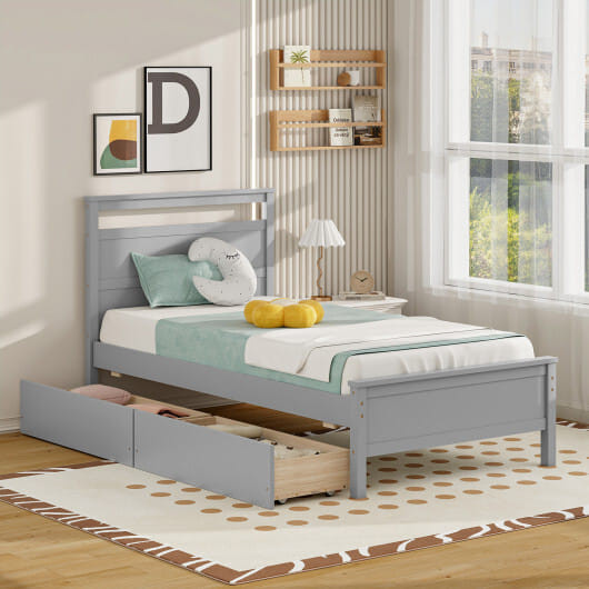 Twin Size Wooden Bed Frame with 2 Drawers for Teens and Adults-Gray - Color: Gray - Size: Twin Size D681-HU10864GY