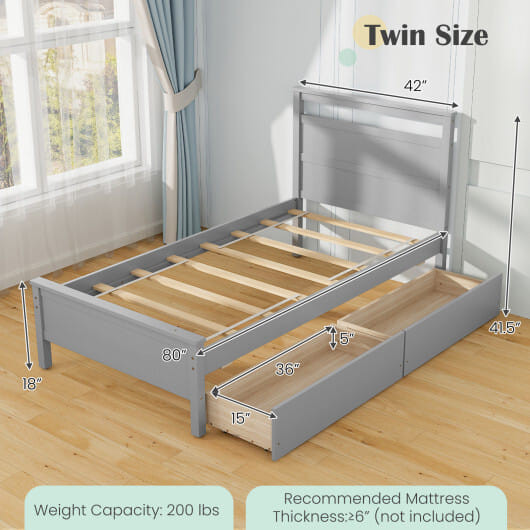 Twin Size Wooden Bed Frame with 2 Drawers for Teens and Adults-Gray - Color: Gray - Size: Twin Size D681-HU10864GY