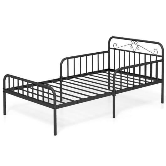 Twin Size Bed Frame with Headboard and Safety Side Guardrails-Black - Color: Black D681-HU10757DK