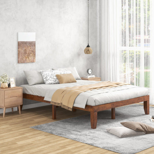 14 Inch Queen Size Rubber Wood Platform Bed Frame with Wood Slat Support-Walnut - Color: Walnut - S D681-HW63260CH