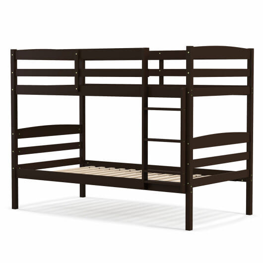 Solid Wood Twin Over Twin Bunk Bed Frame with High Guardrails and Integrated Ladder-Espresso - Colo D681-HU10487CF-T