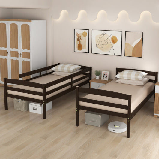 Solid Wood Twin Over Twin Bunk Bed Frame with High Guardrails and Integrated Ladder-Espresso - Colo D681-HU10487CF-T