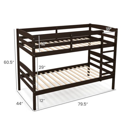 Solid Wood Twin Over Twin Bunk Bed Frame with High Guardrails and Integrated Ladder-Espresso - Colo D681-HU10487CF-T