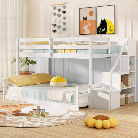 Solid Wood Twin Over Full Low Bunk Bed with Storage Stairs-White - Color: White D681-HU10919WH+