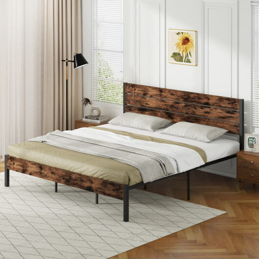 Full/King/Queen/Twin Size Bed Frame with High Headboard and Mute Bar-King Size - Color: Rustic Brow D681-HU10833CF-K