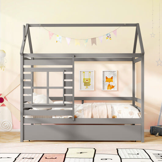 Twin Size Wooden Platform House Bed with Trundle and Roof-Grey - Color: Gray D681-HU11028GY