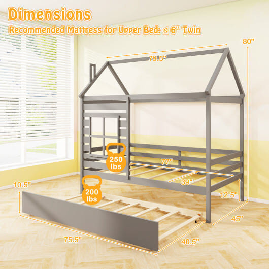 Twin Size Wooden Platform House Bed with Trundle and Roof-Grey - Color: Gray D681-HU11028GY