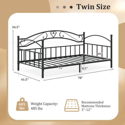 Twin Size Metal Daybed Frame with Headboard for Bedroom-Black B593-HU11050-T
