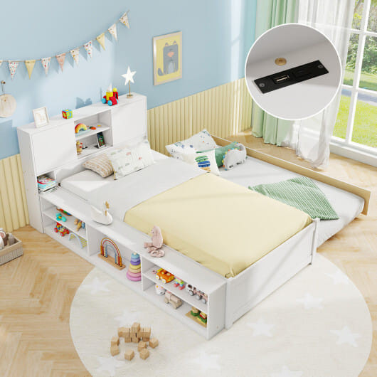 Twin Size Bed Frame with Trundle and Power Outlets-White B593-HU11060+