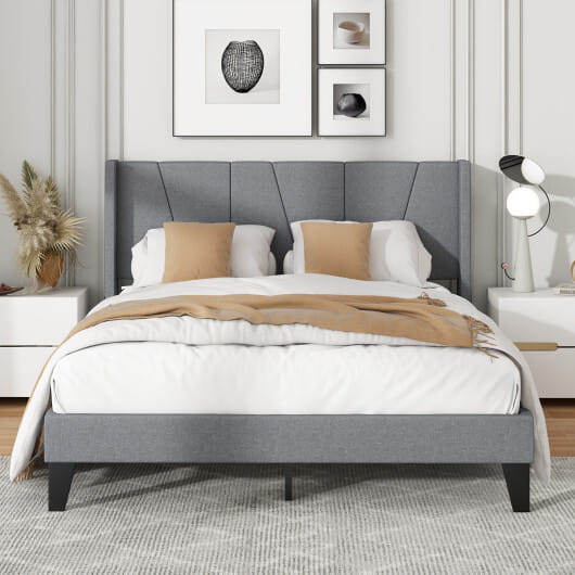 Full/Queen Size Bed Frame with Wingback Headboard and Wood Slat Support-Queen Size - Color: Gray -  D681-HU10704GR-Q
