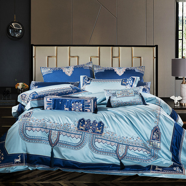 Color: Blue, style: Flat sheet-1.8M 6Pcs set, Bedding Size:  - Luxury Villa Palace Style Long-stapl Q119-CJCS122944804DW
