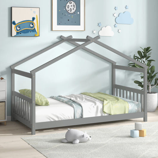 Twin Size Wooden House Bed with Roof-Gray - Color: Gray D681-HU10483GR-T