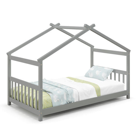 Twin Size Wooden House Bed with Roof-Gray - Color: Gray D681-HU10483GR-T