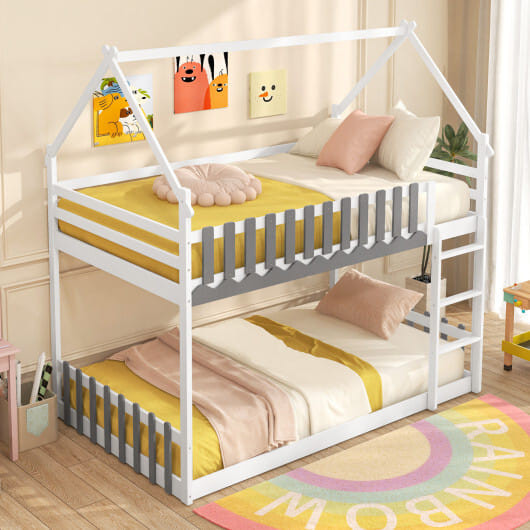 Twin Over Twin Bunk Bed with Fence and Ladder for Kids-White - Color: White - Size: Twin Size D681-HU10908WHT+