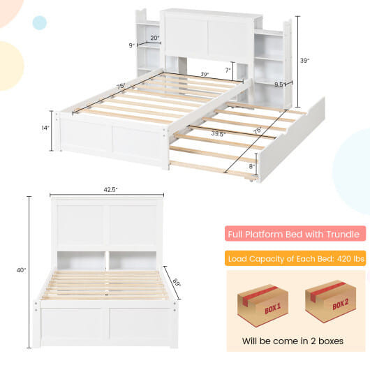 Twin/Full Kids Wooden Platform Bed with Trundle Storage Headboard-Full Size B593-HU10536WH+