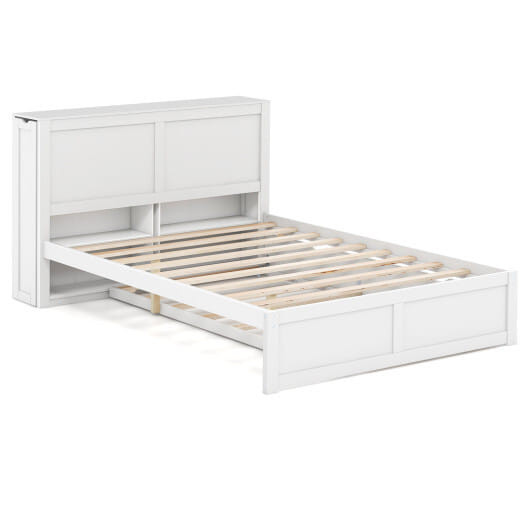 Twin/Full Kids Wooden Platform Bed with Trundle Storage Headboard-Full Size B593-HU10536WH+