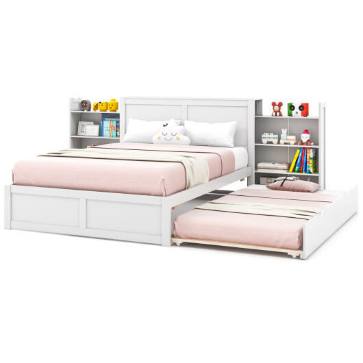 Twin/Full Kids Wooden Platform Bed with Trundle Storage Headboard-Full Size B593-HU10536WH+