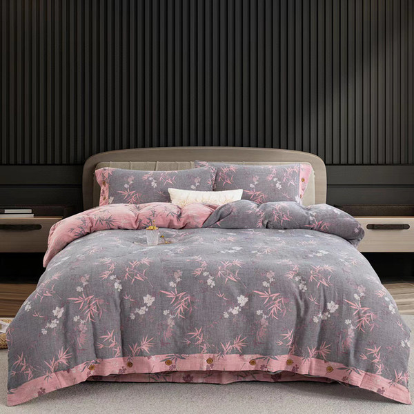 Pattern: Bamboo Rhyme Pink Gray, Size Specification: 2.0 flat sheet - Cotton Double-layer Yarn Four Q119-CJCS253809464LO