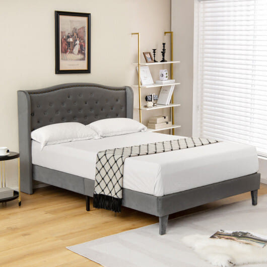 Full/Queen Size Upholstered Platform Bed Frame with Button Tufted Headboard-Queen Size - Color: Gra D681-HU10356GR-Q