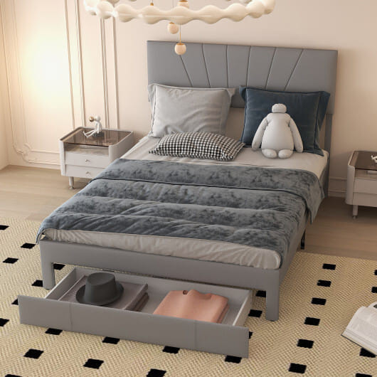 Full/Queen Size Upholstered Bed Frame with Drawer and Adjustable Headboard-Queen Size - Color: Gray D681-HU10357GRQ+