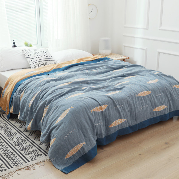 Pattern: Leaf Fish Blue, Size Specification: 200x230cm - Pure Cotton Single Double Summer Quilt Thi Q119-CJYD244000902BY