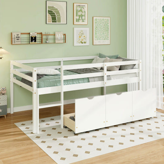 Twin Size Low Loft Bed with 3 Drawers with Ladder and Full-length Guardrails-White - Color: White D681-HU10706WH