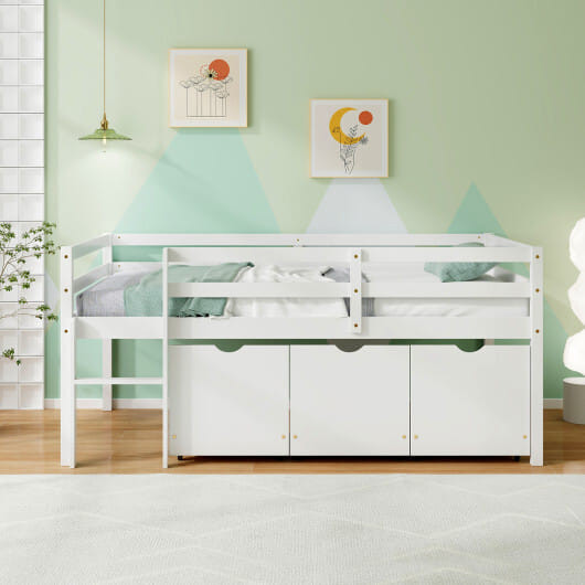 Twin Size Low Loft Bed with 3 Drawers with Ladder and Full-length Guardrails-White - Color: White D681-HU10706WH