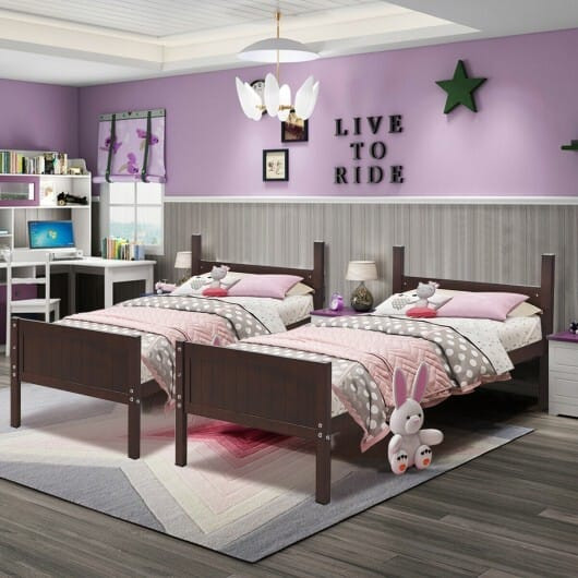 Twin Size Wooden Bunk Beds Convertible 2 Individual Beds-Brown - Color: Brown D681-HW61357ES+