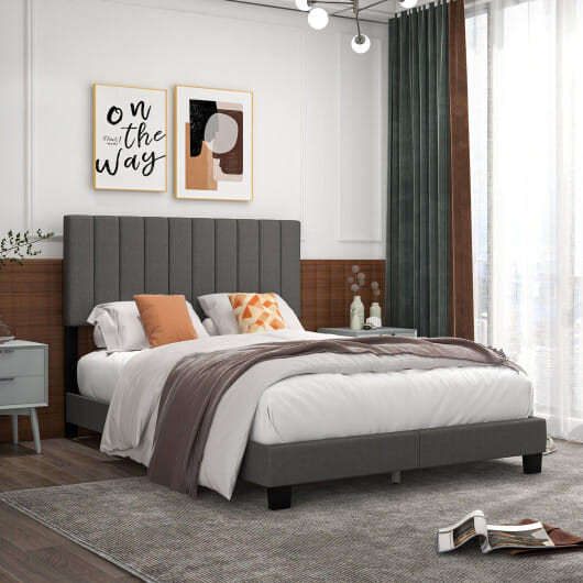 Queen Size Upholstered Bed Frame with Vertical Channel Tufted Headboard Gray - Color: Gray - Size:  D681-HU10565GR-Q