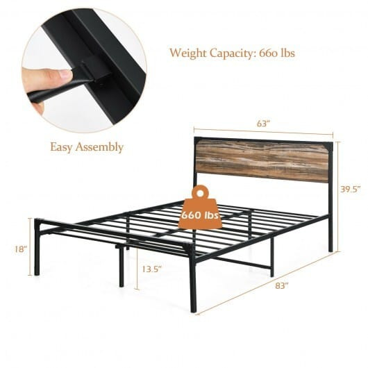 Platform Full/Queen Bed with Rustic Headboard and Footboard-Queen Size - Color: Black - Size: Queen D681-HU10110-Q