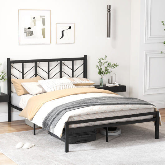 Queen Size Platform Bed with Headboard and Metal Frame-Queen Size - Color: Black - Size: Queen Size D681-HU10759DK-Q