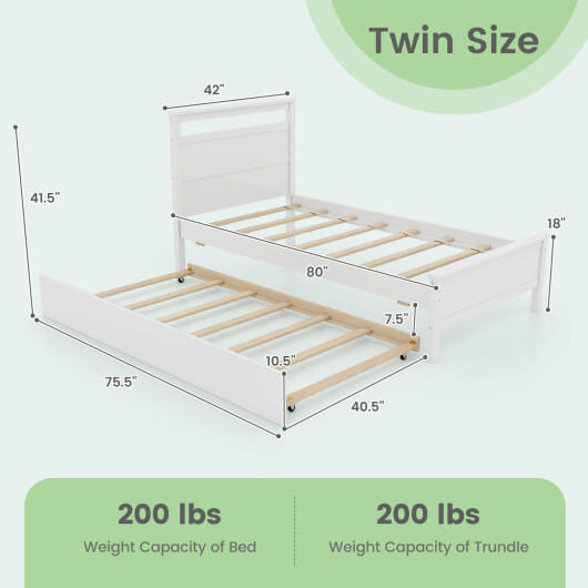 Twin Size Wooden Bed Frame with Trundle for Teens and Adults-White - Color: White - Size: Twin Size D681-HU10866WH