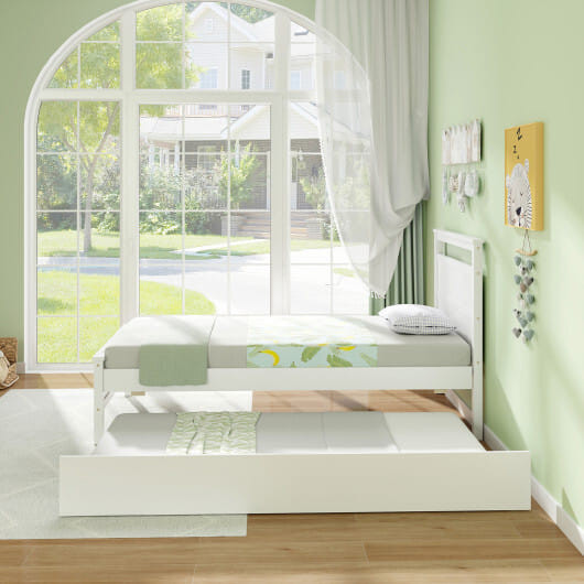 Twin Size Wooden Bed Frame with Trundle for Teens and Adults-White - Color: White - Size: Twin Size D681-HU10866WH