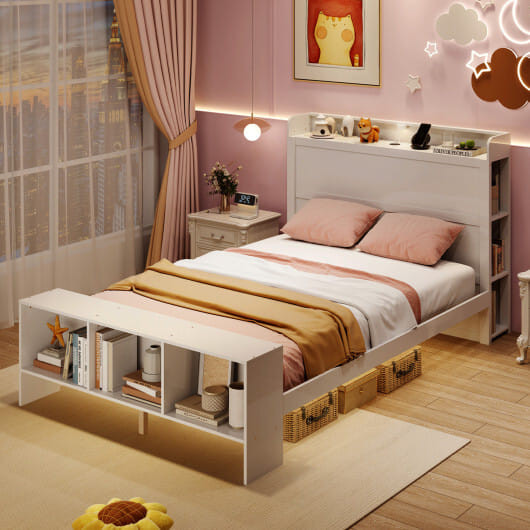 Full Size Bed Frame with 2 USB Ports with Storage Headboard and Lights-Full Size - Color: White - S D681-HU10972WHF+
