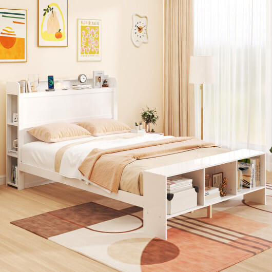 Full Size Bed Frame with 2 USB Ports with Storage Headboard and Lights-Full Size - Color: White - S D681-HU10972WHF+