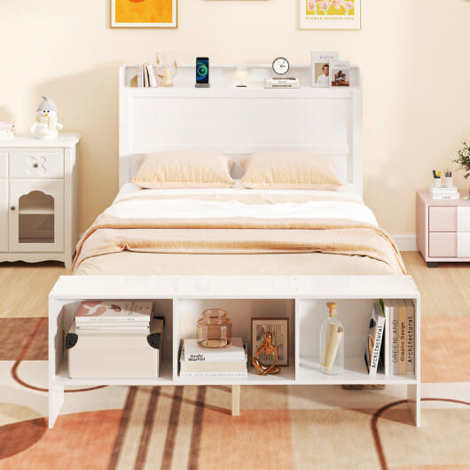 Full Size Bed Frame with 2 USB Ports with Storage Headboard and Lights-Full Size - Color: White - S D681-HU10972WHF+