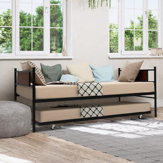 Twin Size 2-In-1 Daybed Frame with Pullout Trundle - Color: Black - Size: Twin Size D681-HU10334