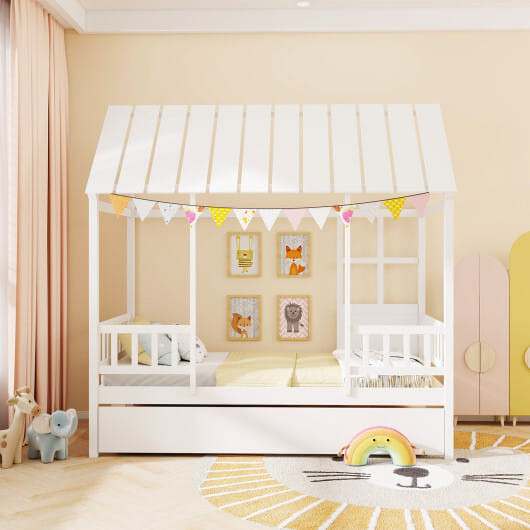 Twin Size House Bed with Trundle Kids Platform Bed with Roof Window-White B593-HU11128