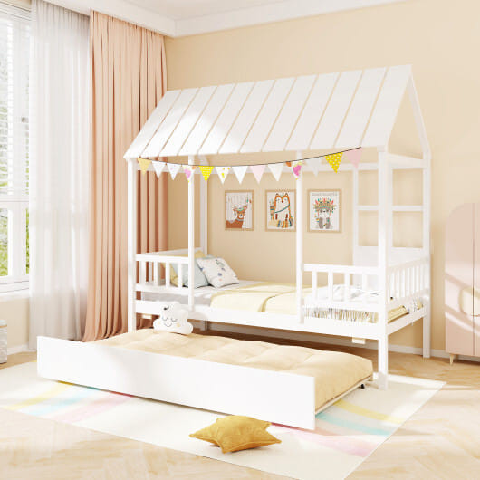 Twin Size House Bed with Trundle Kids Platform Bed with Roof Window-White B593-HU11128