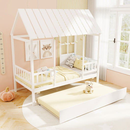 Twin Size House Bed with Trundle Kids Platform Bed with Roof Window-White B593-HU11128