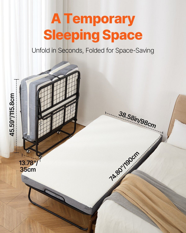 Rollaway Bed, 38 in x 75 in Folding Bed with 5 in Mattress, Twin Size Foldable Bed with Sturdy Meta E415-ZDC38YC5INCHTSRZYV0